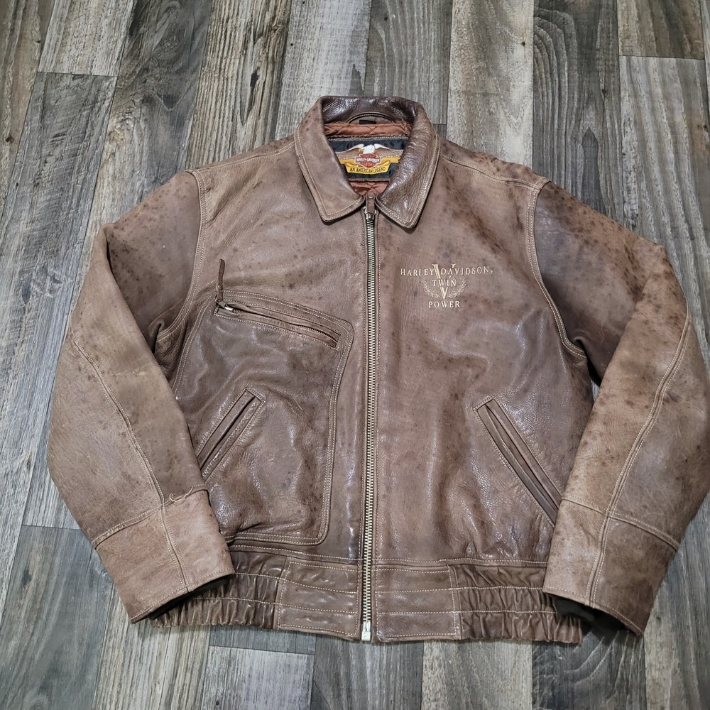 Harley-Davidson Men's Large Insulated Brown Leather Jacket Twin Power